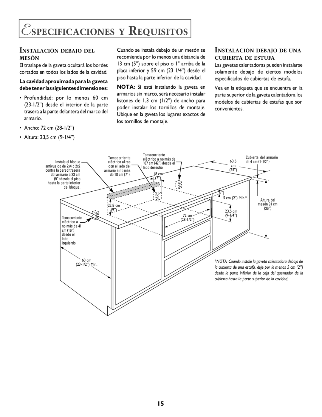 Jenn-Air 8101P549-60 specifications Especificaciones Y Requisitos, Instalación Debajo DEL Mesón 