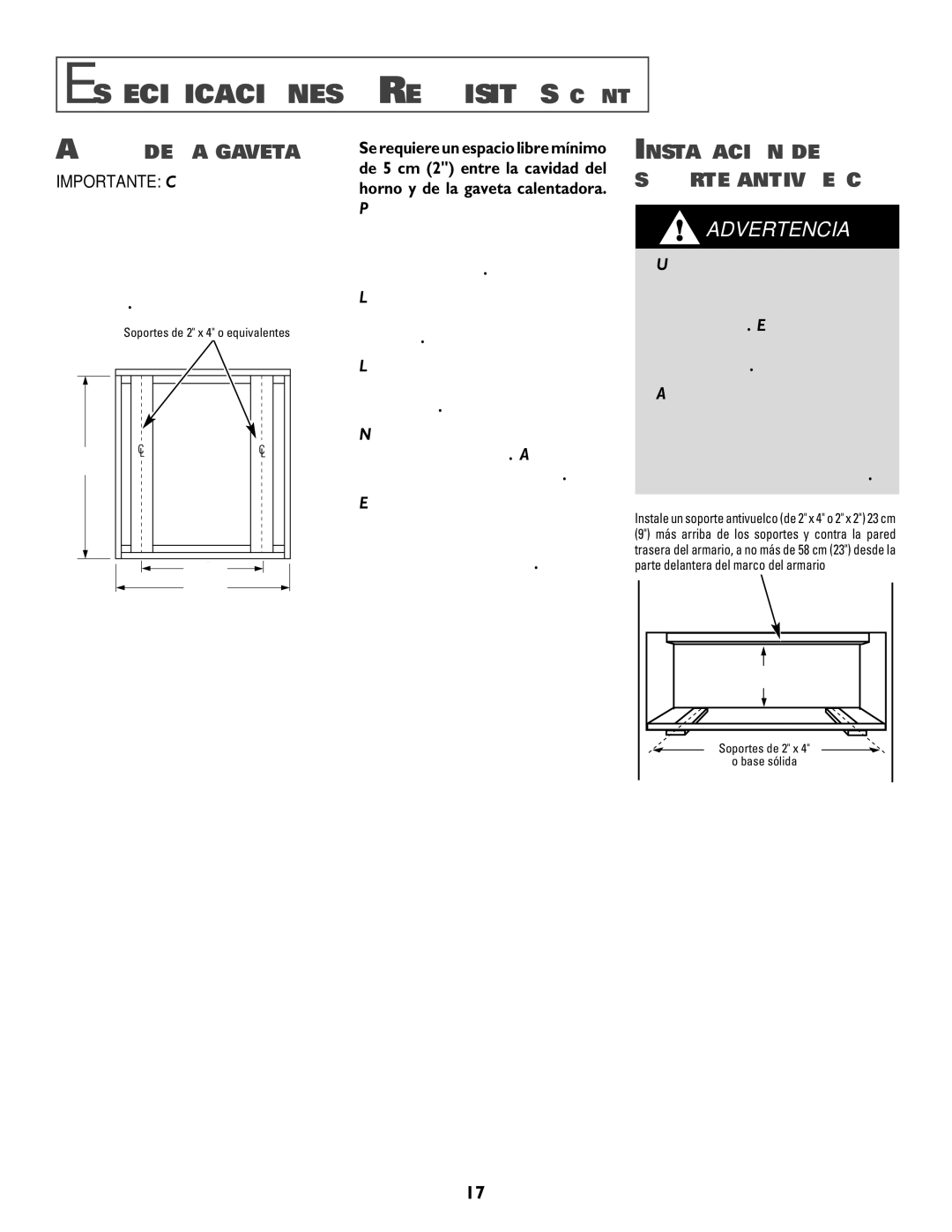 Jenn-Air 8101P549-60 specifications Especificaciones Y REQUISITOS, Apoyo DE LA Gaveta, Instalación DEL Soporte Antivuelco 