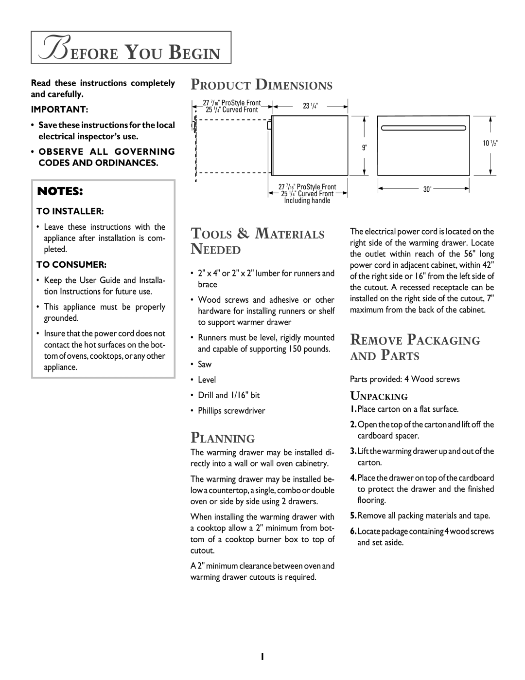 Jenn-Air 8101P549-60 Before YOU Begin, Product Dimensions, Tools & Materials Needed, Planning, Remove Packaging and Parts 