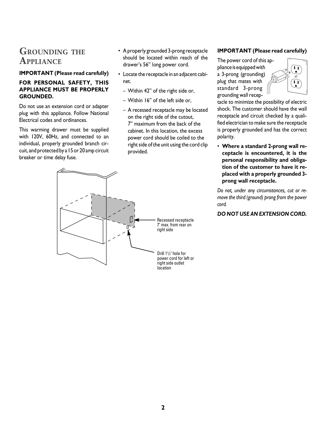 Jenn-Air 8101P549-60 Grounding Appliance, Important Please read carefully, Power cord of this ap, Grounding wall recep 