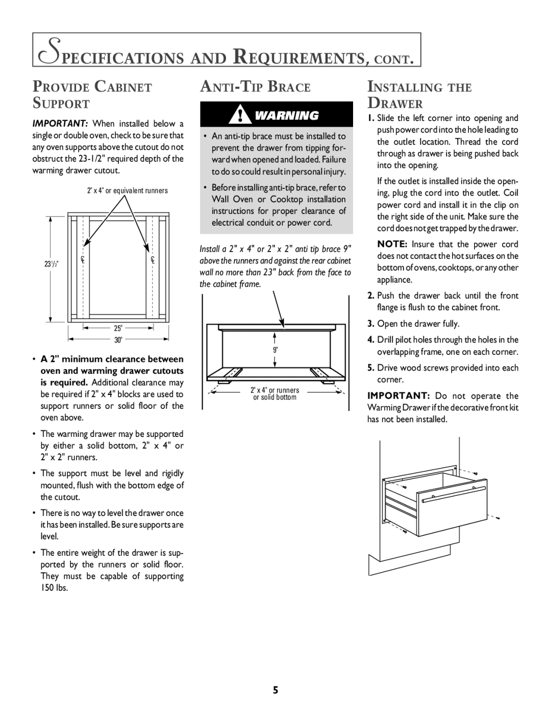 Jenn-Air 8101P549-60 Specifications and REQUIREMENTS, Provide Cabinet Support, ANTI-TIP Brace, Installing Drawer 