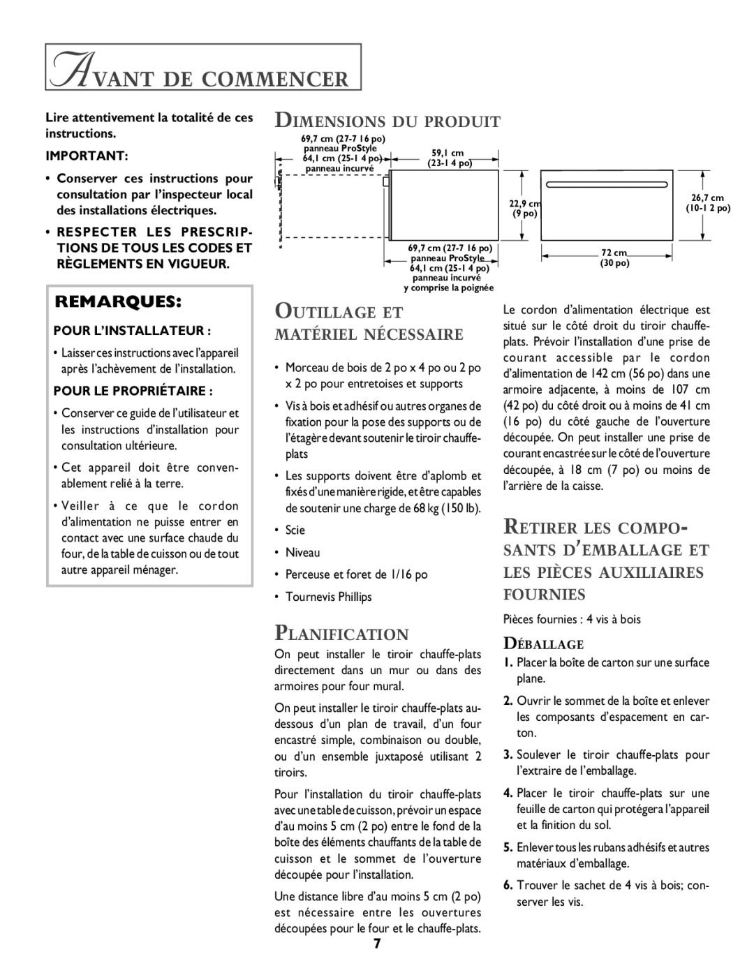 Jenn-Air 8101P549-60 Avant DE Commencer, Dimensions DU Produit, Outillage ET Matériel Nécessaire, Planification 