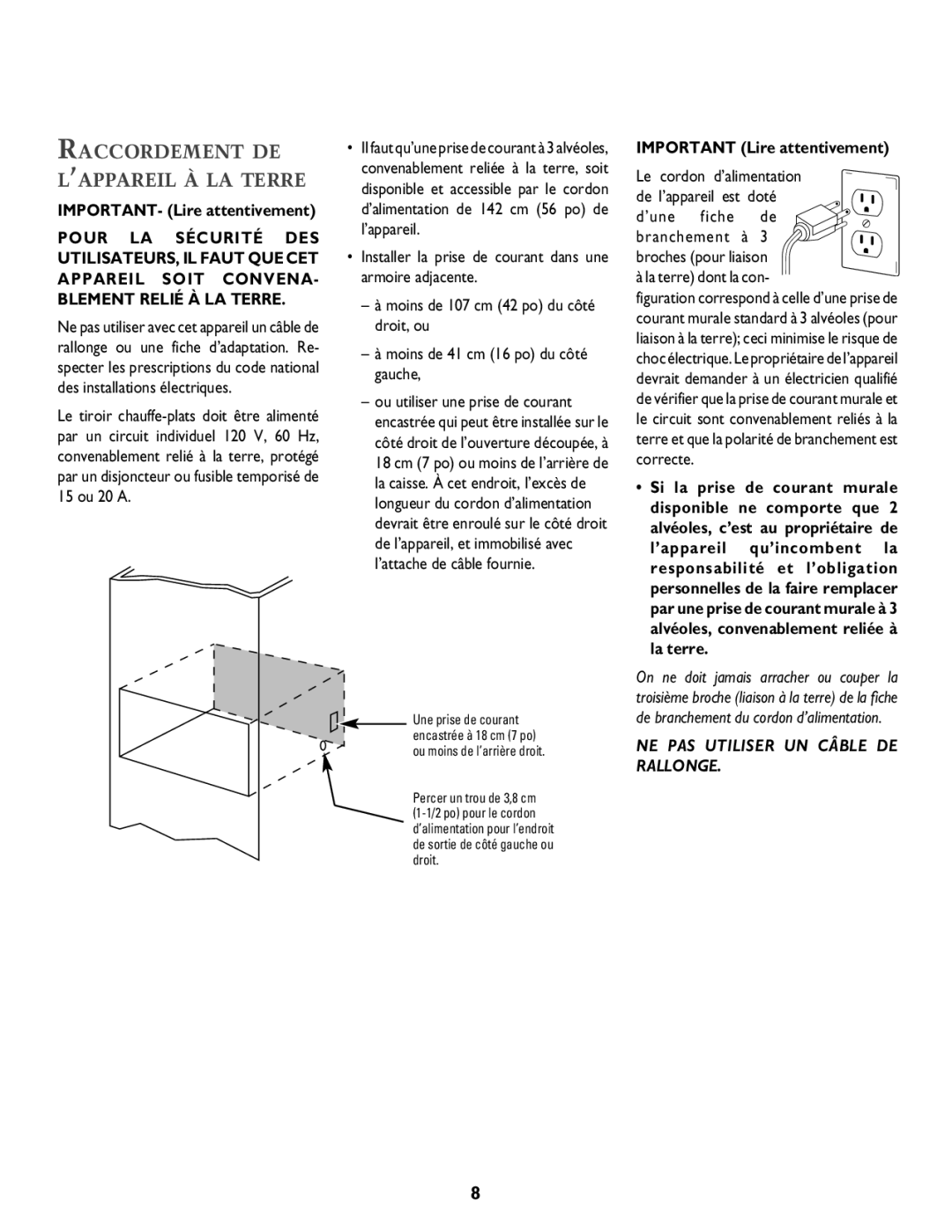 Jenn-Air 8101P549-60 Raccordement DE ’APPAREIL À LA Terre, IMPORTANT- Lire attentivement, Important Lire attentivement 