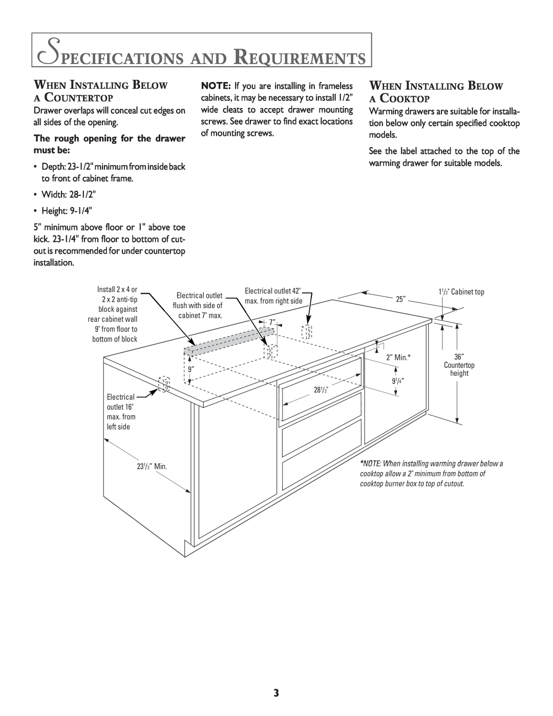 Jenn-Air 8101P549-60 specifications Specifications And Requirements, The rough opening for the drawer must be 