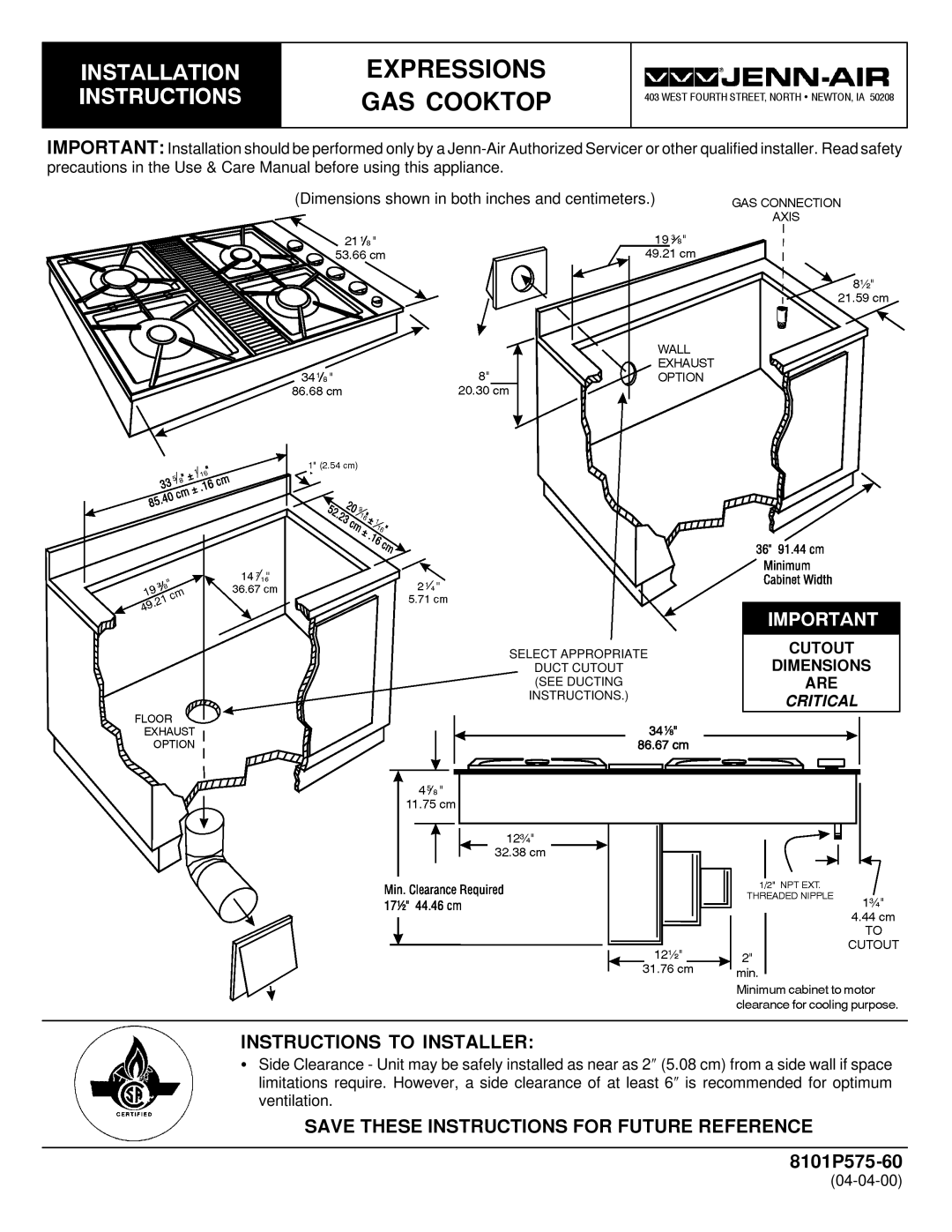 Jenn-Air 8101P575-60 dimensions Instructions to Installer, Save These Instructions for Future Reference 