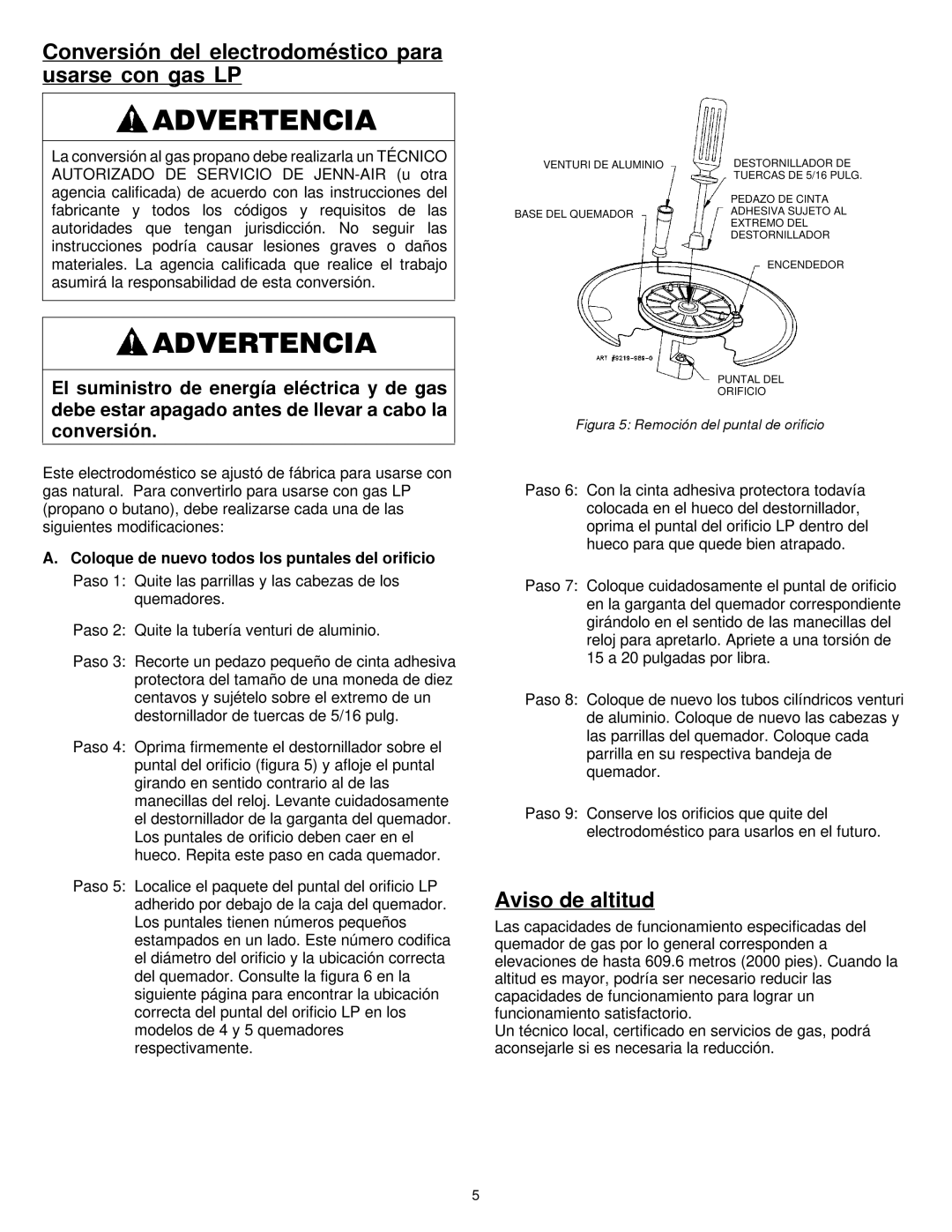 Jenn-Air 8101P575-60 dimensions Conversión del electrodoméstico para usarse con gas LP, Aviso de altitud 