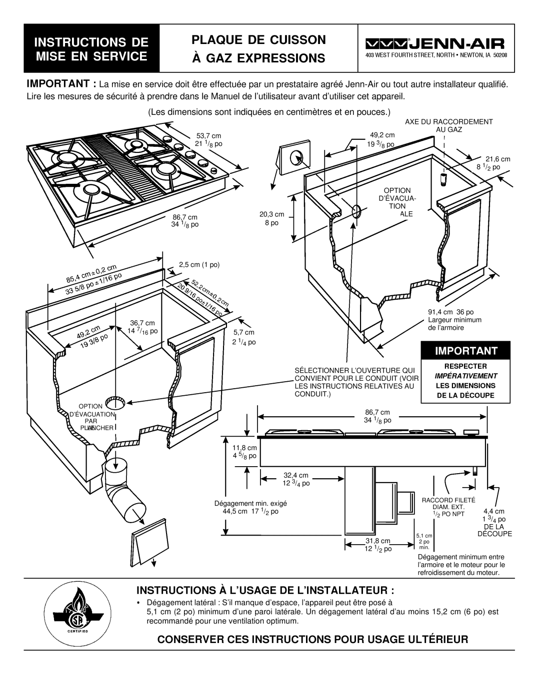 Jenn-Air 8101P575-60 dimensions Instructions À L’USAGE DE L’INSTALLATEUR, Conserver CES Instructions Pour Usage Ultérieur 