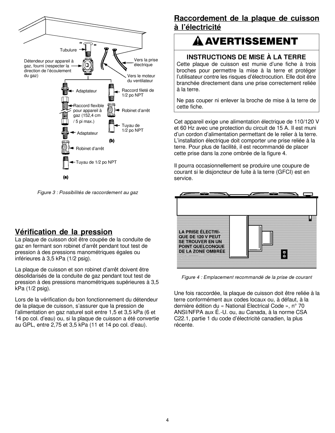 Jenn-Air 8101P575-60 dimensions Raccordement de la plaque de cuisson à l’électricité, Vérification de la pression 