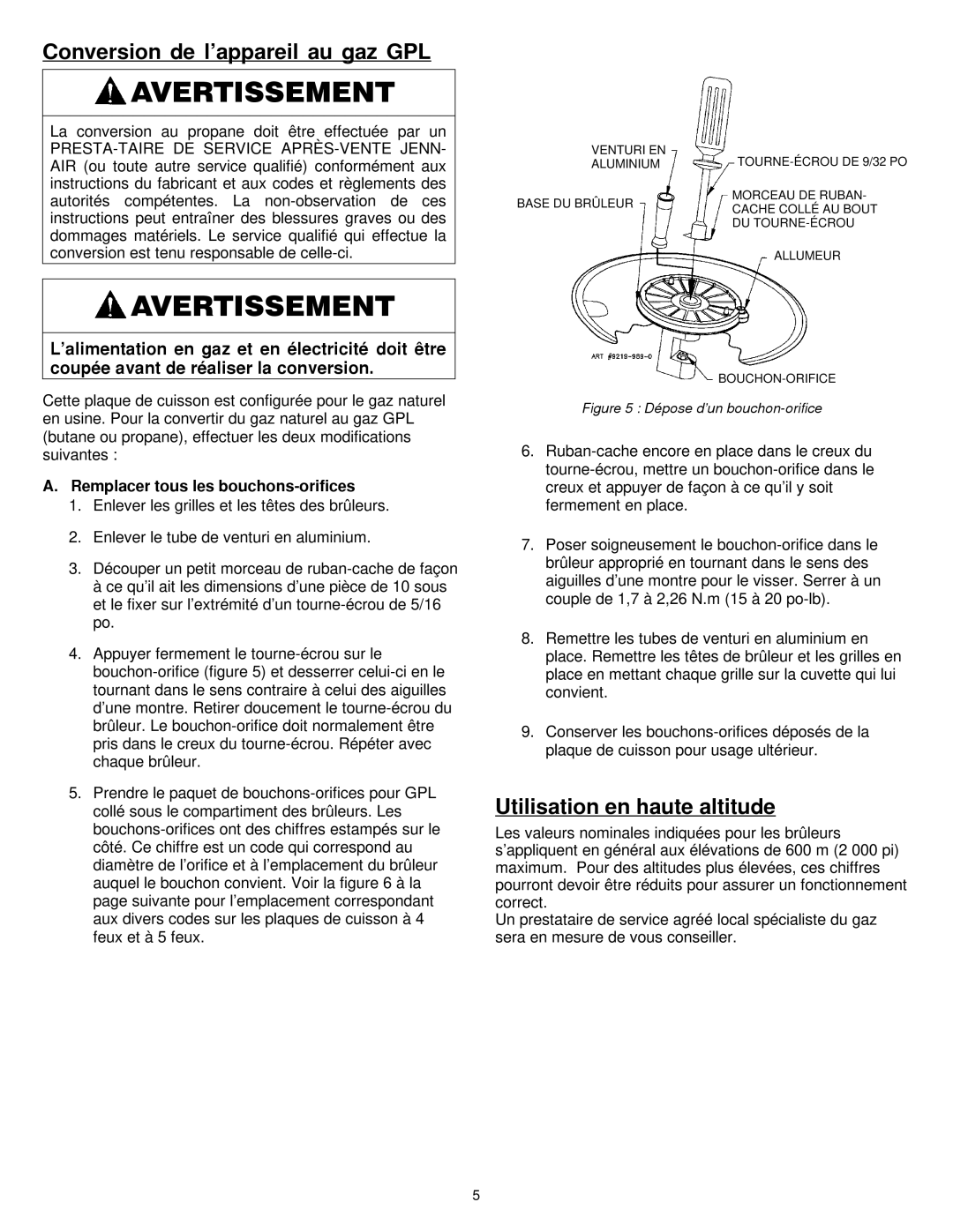 Jenn-Air 8101P575-60 dimensions Conversion de l’appareil au gaz GPL, Utilisation en haute altitude 