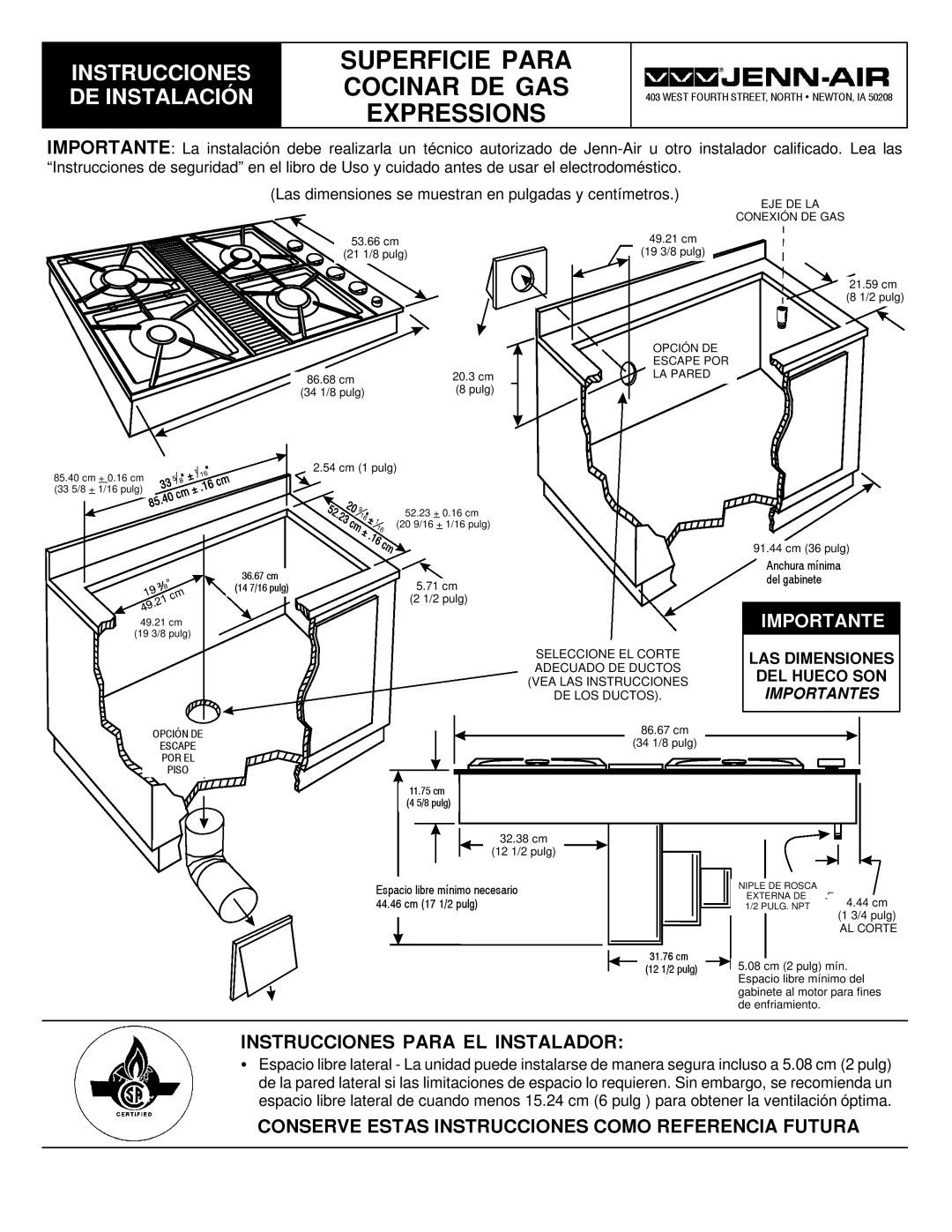 Jenn-Air 8101P575-60 dimensions Instrucciones Para EL Instalador, Conserve Estas Instrucciones Como Referencia Futura 