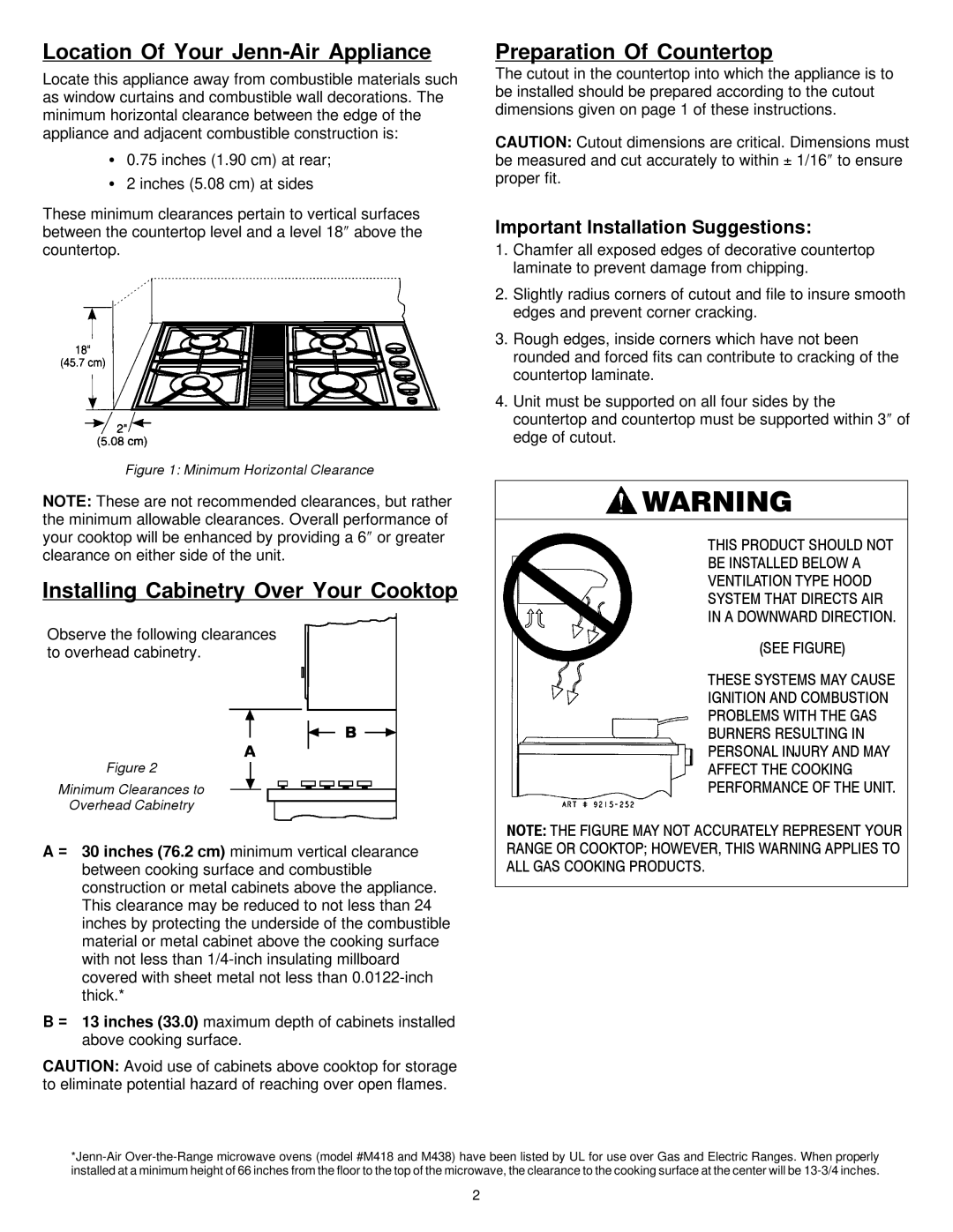 Jenn-Air 8101P575-60 dimensions Location Of Your Jenn-Air Appliance, Installing Cabinetry Over Your Cooktop 