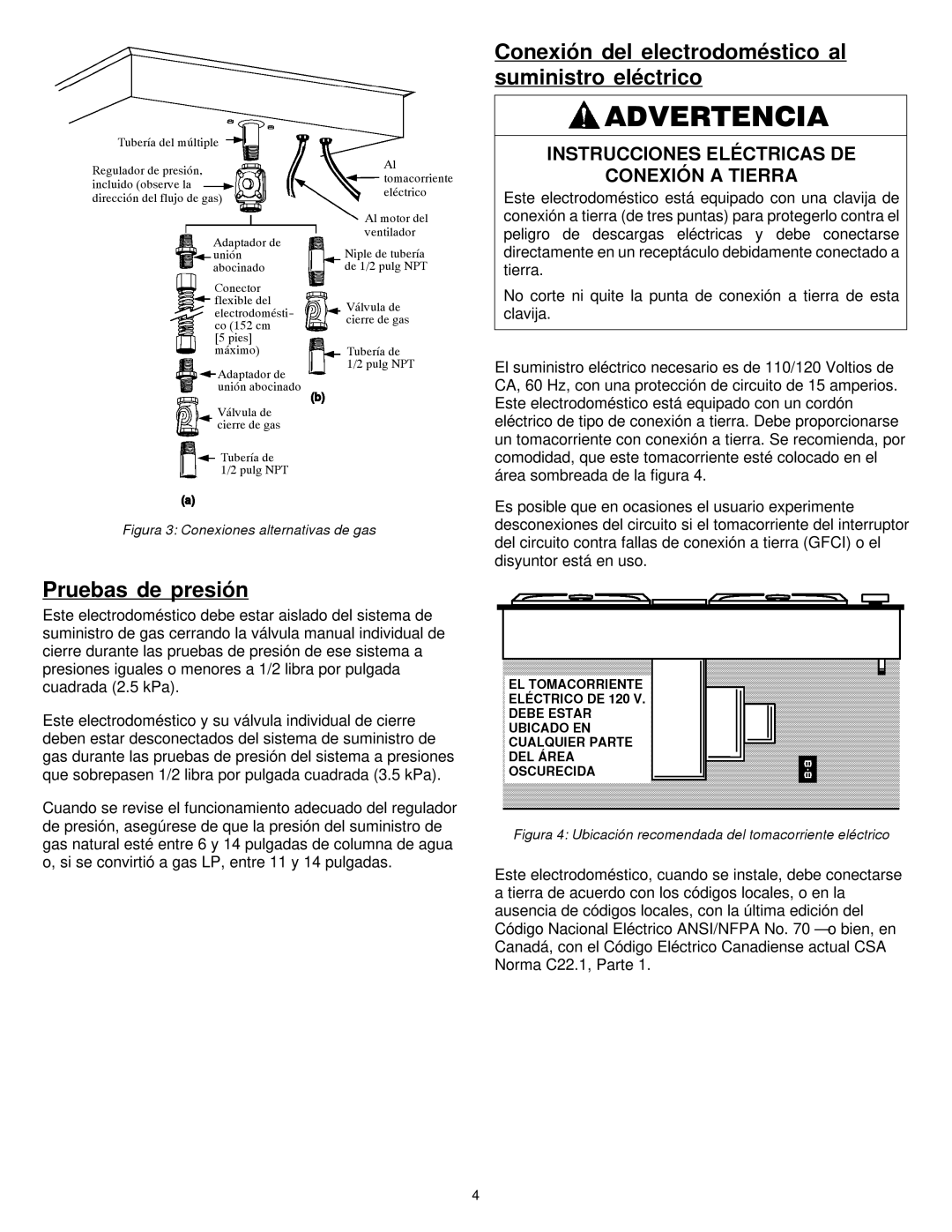 Jenn-Air 8101P575-60 dimensions Conexión del electrodoméstico al suministro eléctrico, Pruebas de presión 