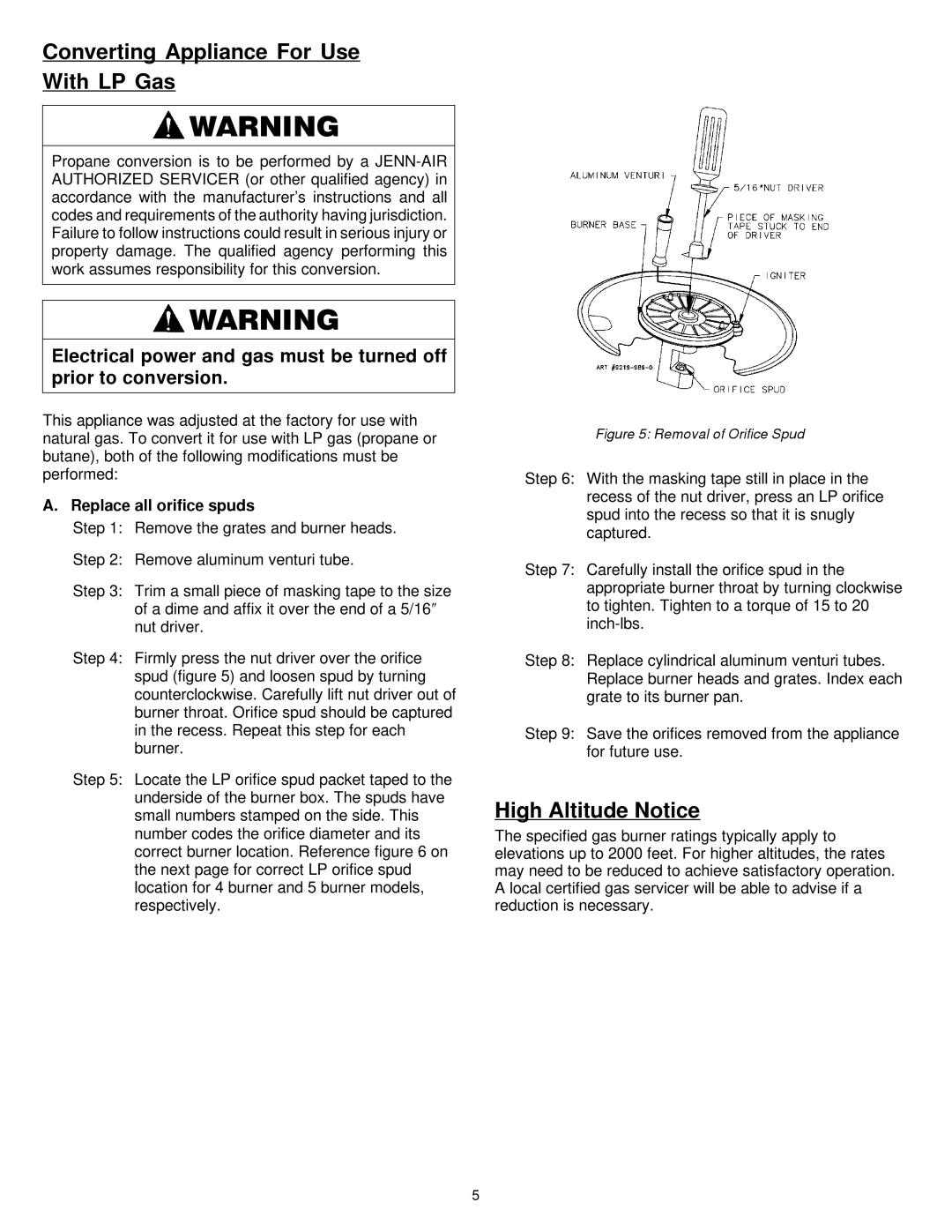 Jenn-Air 8101P575-60 dimensions Converting Appliance For Use With LP Gas, High Altitude Notice, Replace all orifice spuds 