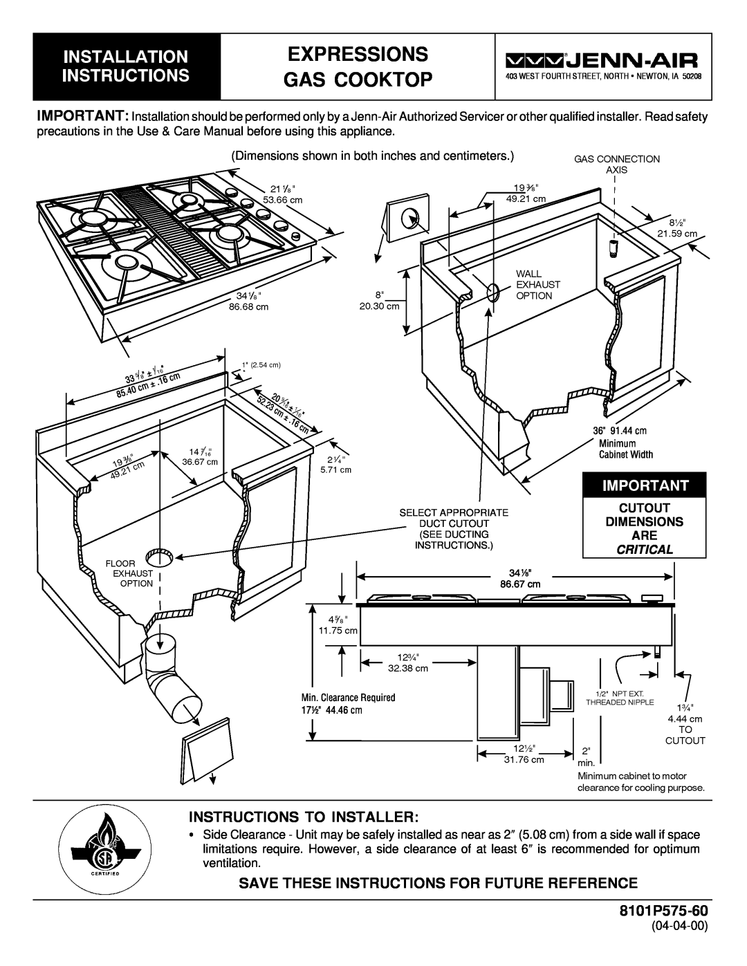 Jenn-Air 8101P575-60 dimensions Expressions Gas Cooktop, Instructions To Installer, Cutout Dimensions Are, Critical 