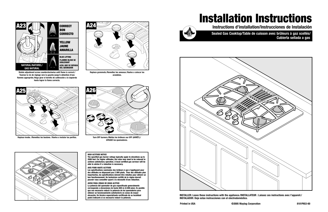 Jenn-Air 8101P653-60 installation instructions Yellow Jaune Amarilla, Installation Instructions, Correct Bon Correcto 