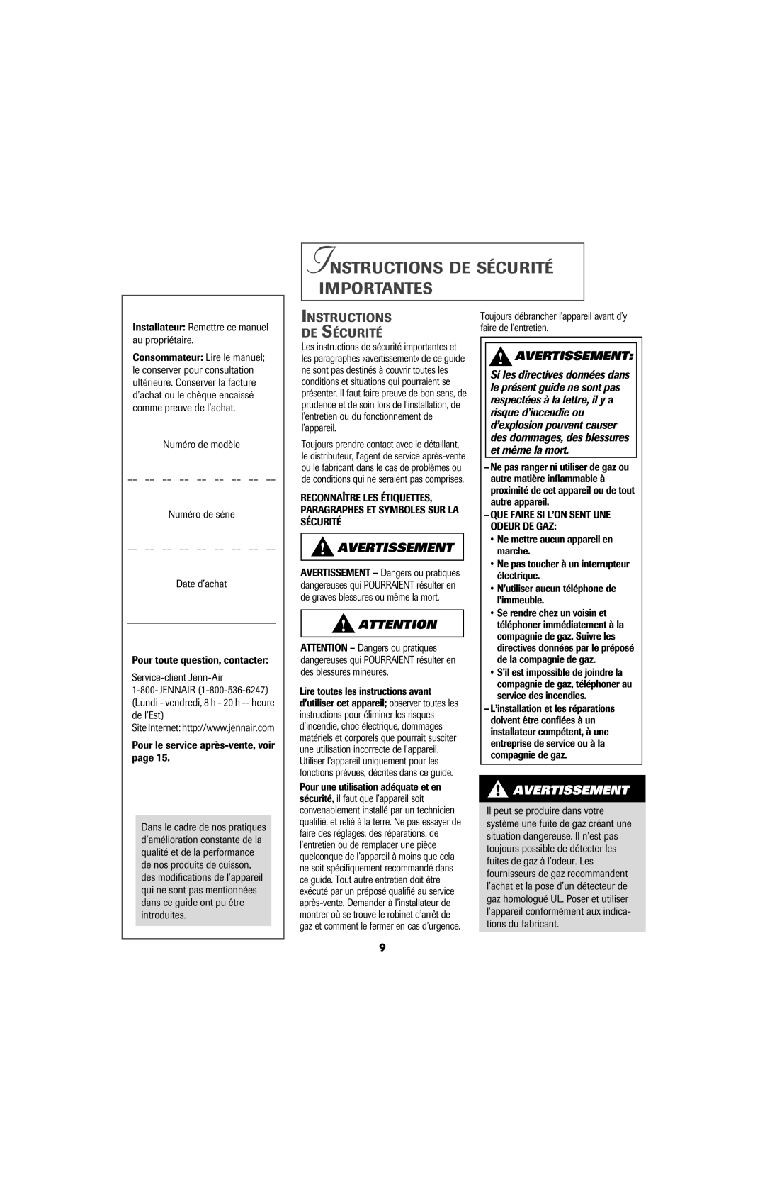 Jenn-Air 8111P533-60 Instructions DE Sécurité Importantes, Installateur Remettre ce manuel au propriétaire 