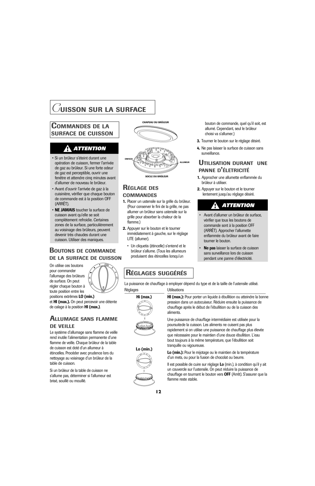 Jenn-Air 8111P533-60 Cuisson SUR LA Surface, Commandes DE LA Surface DE Cuisson, Réglages Suggérés 