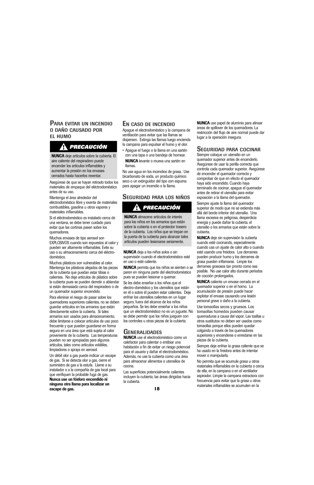 Jenn-Air 8111P533-60 EL Humo, EN Caso DE Incendio, Seguridad Para LOS Niños, Generalidades, Seguridad Para Cocinar 