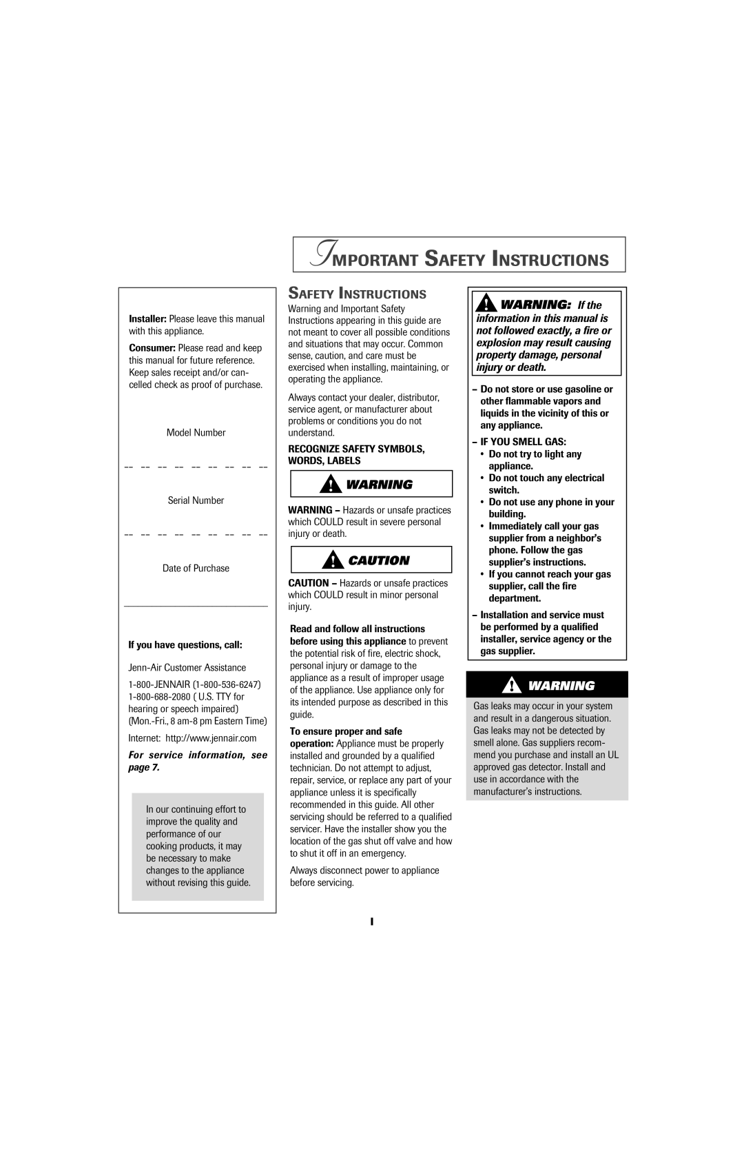 Jenn-Air 8111P533-60 Important Safety Instructions, Installer Please leave this manual with this appliance 