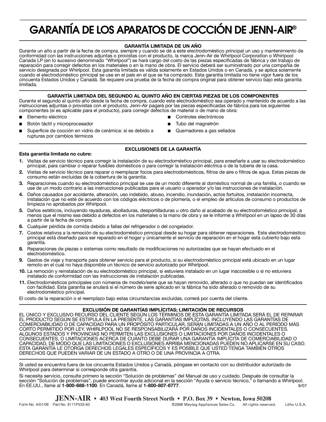 Jenn-Air 8111P533-60 important safety instructions Garantía DE LOS Aparatos DE Cocción DE JENN-AIR 