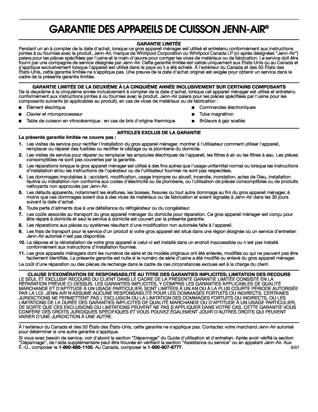 Jenn-Air 8111P533-60 Garantie Des Appareils De Cuisson Jenn-Air, Garantie Limitée, Articles Exclus De La Garantie 