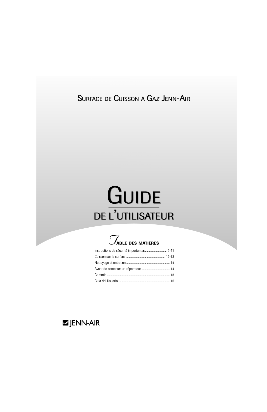 Jenn-Air 8111P533-60 Guide, De L’Utilisateur, Surface De Cuisson À Gaz Jenn-Air, Table Des Matières, Garantie 