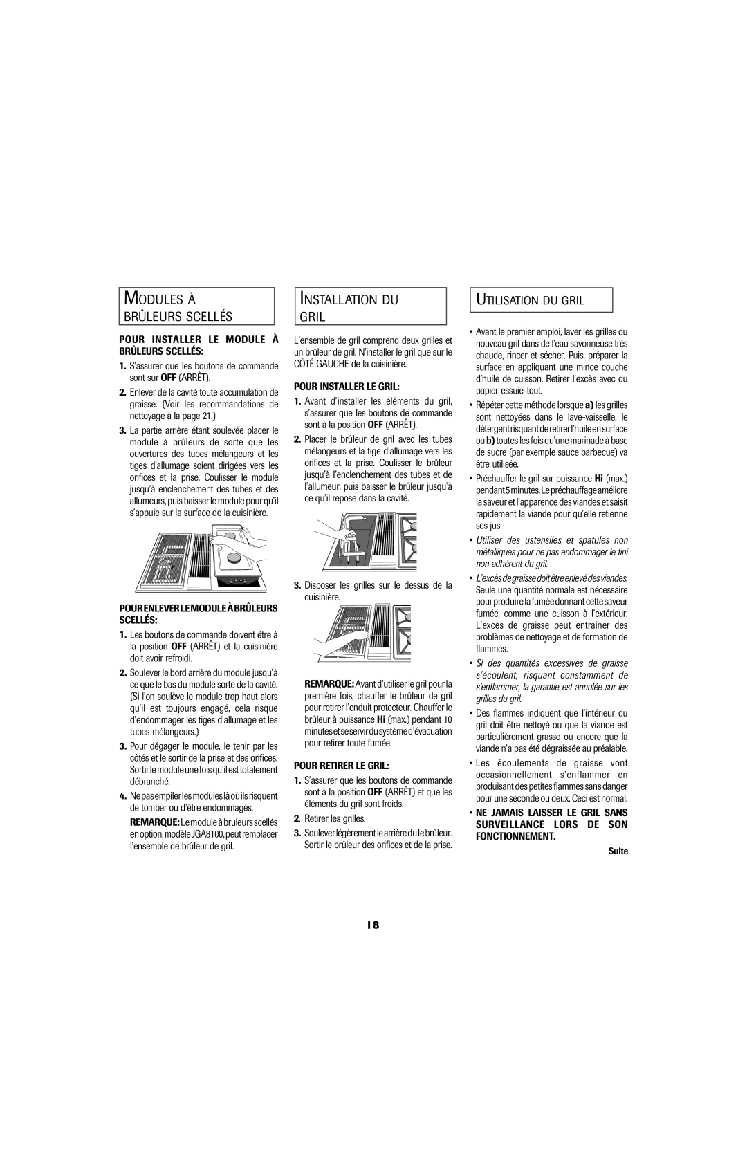 Jenn-Air 8111P535-60 important safety instructions Modules À Brûleurs Scellés, Installation DU Gril, Utilisation DU Gril 