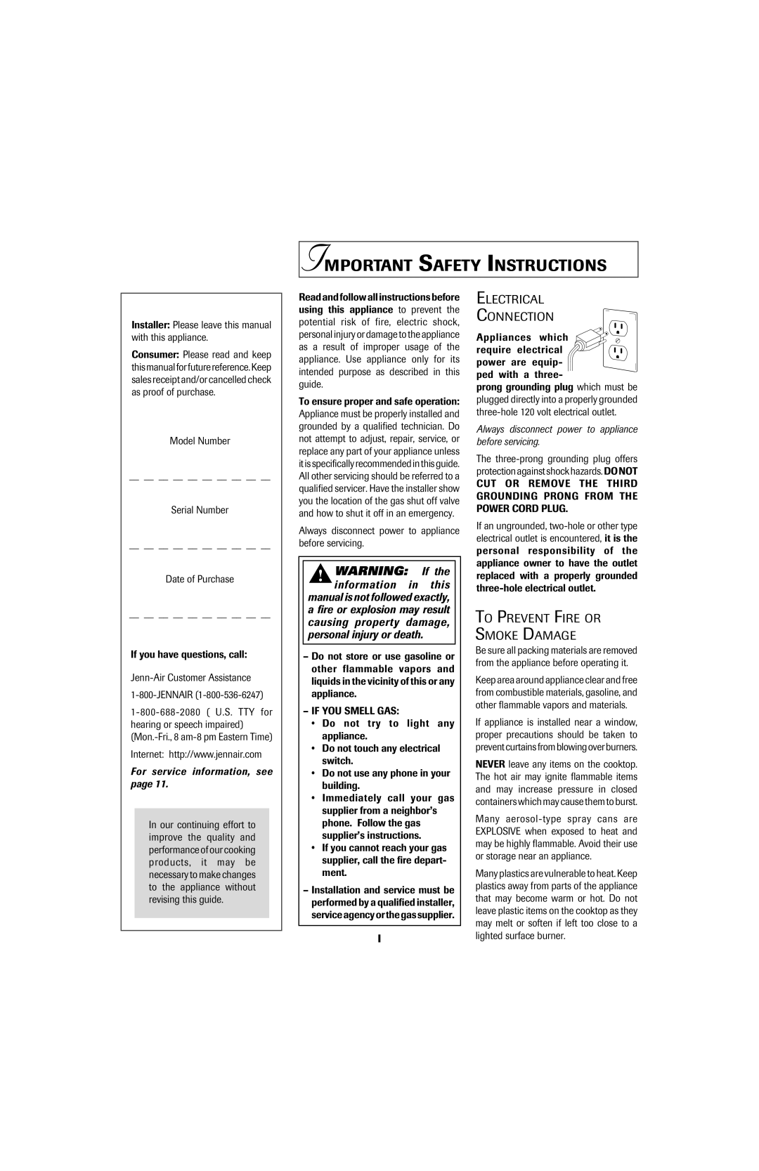 Jenn-Air 8111P535-60 Important Safety Instructions, Electrical Connection, To Prevent Fire or Smoke Damage 