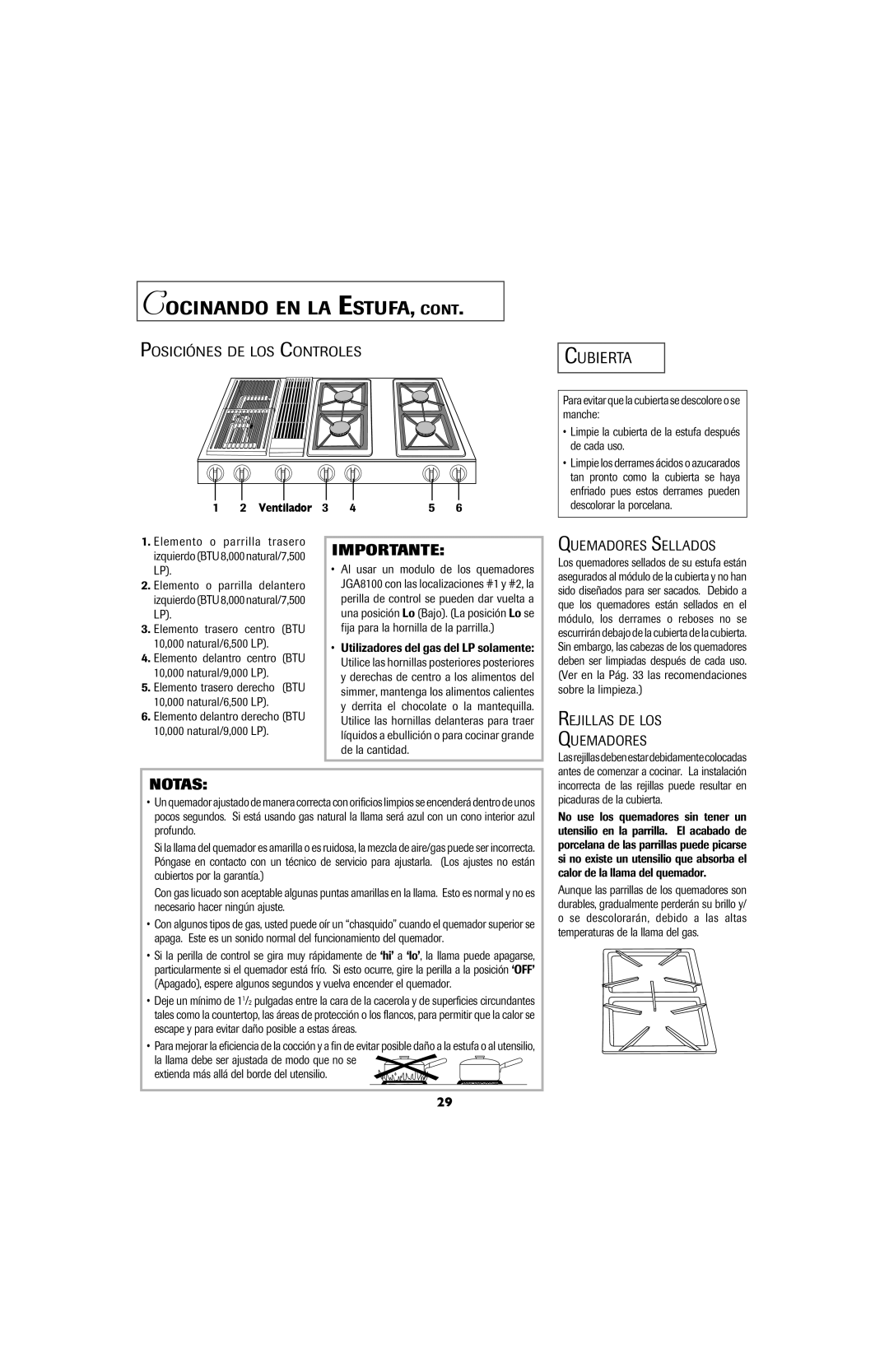Jenn-Air 8111P535-60 Cocinando EN LA ESTUFA, Cubierta, Posiciónes DE LOS Controles, Quemadores Sellados 