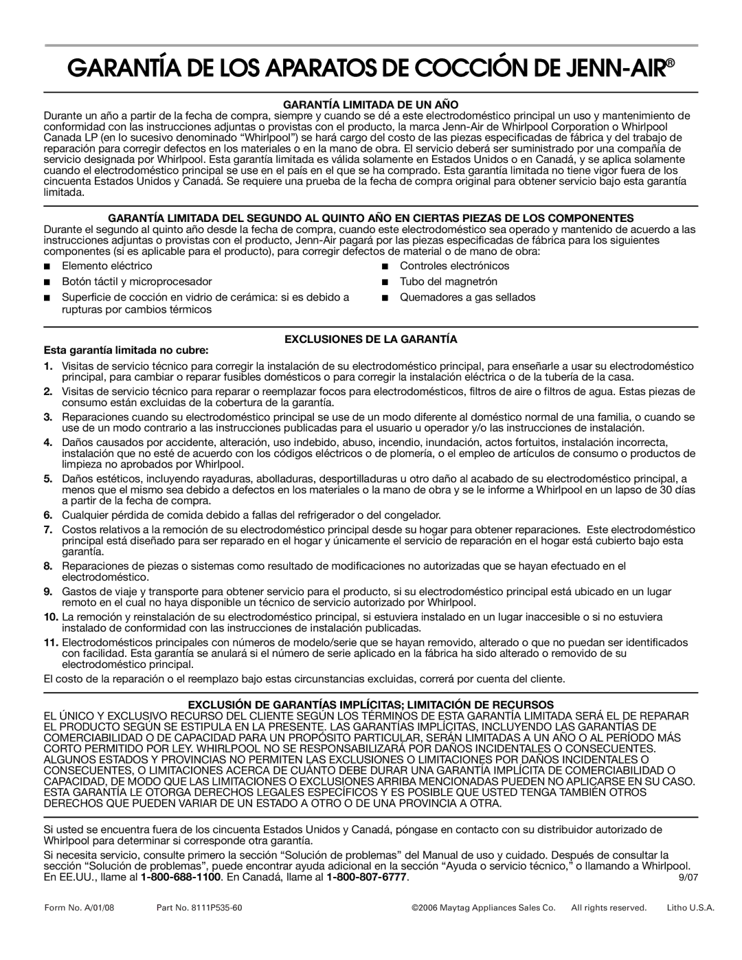 Jenn-Air 8111P535-60 important safety instructions Garantía DE LOS Aparatos DE Cocción DE JENN-AIR 