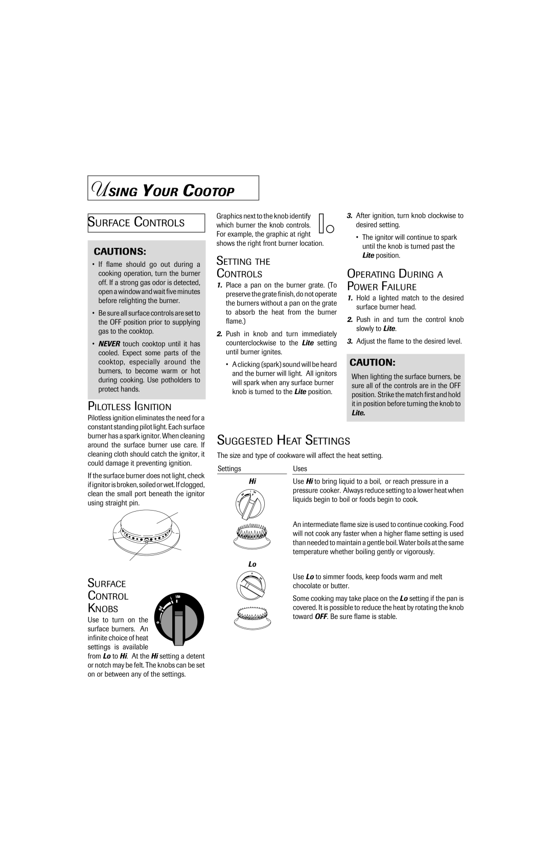 Jenn-Air 8111P535-60 important safety instructions Using Your Cooktop, Surface Controls, Suggested Heat Settings 