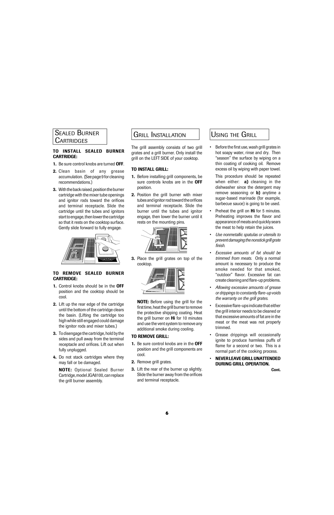 Jenn-Air 8111P535-60 important safety instructions Sealed Burner Cartridges, Grill Installation, Using the Grill 