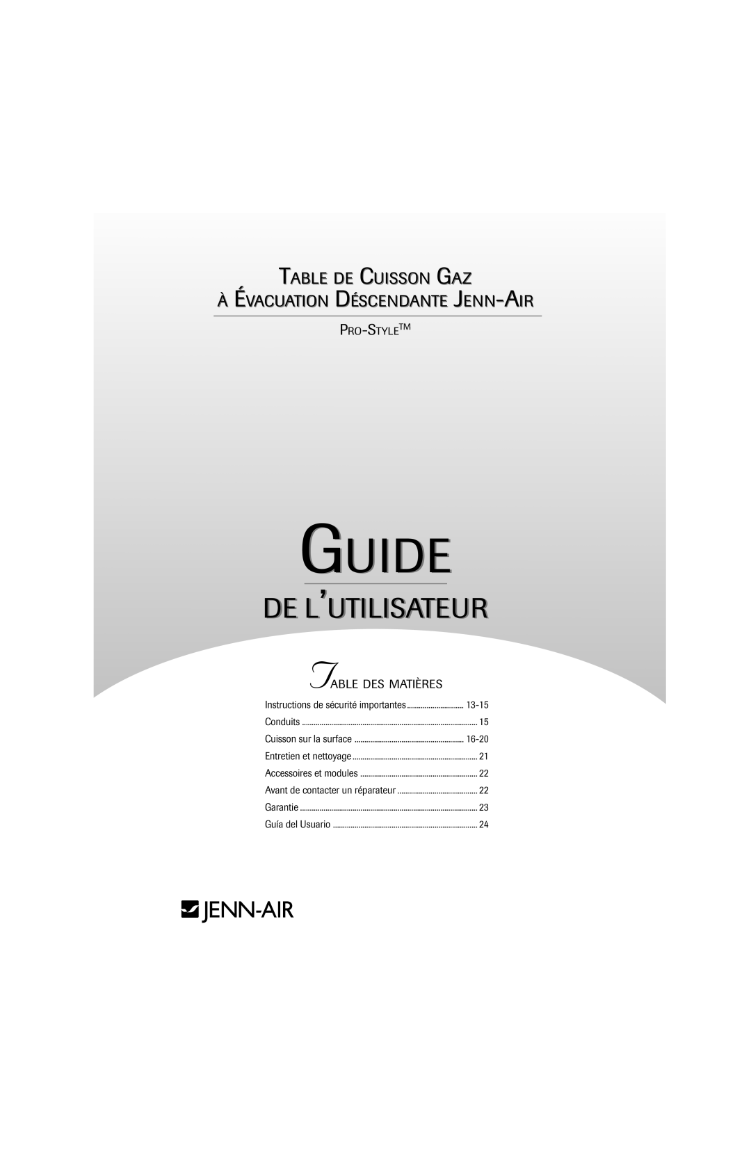 Jenn-Air 8111P535-60 Guide, De L’Utilisateur, Table De Cuisson Gaz À Évacuation Déscendante Jenn-Air, Table Des Matières 