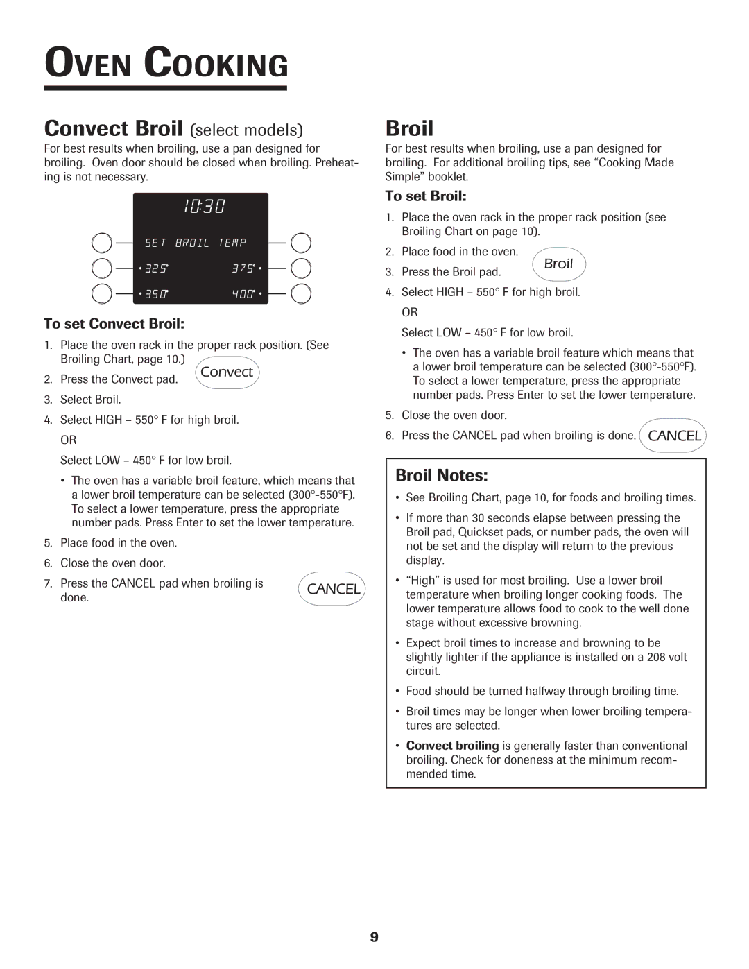 Jenn-Air 8112P212-60 warranty Convect Broil select models, Broil Notes, To set Convect Broil, To set Broil 