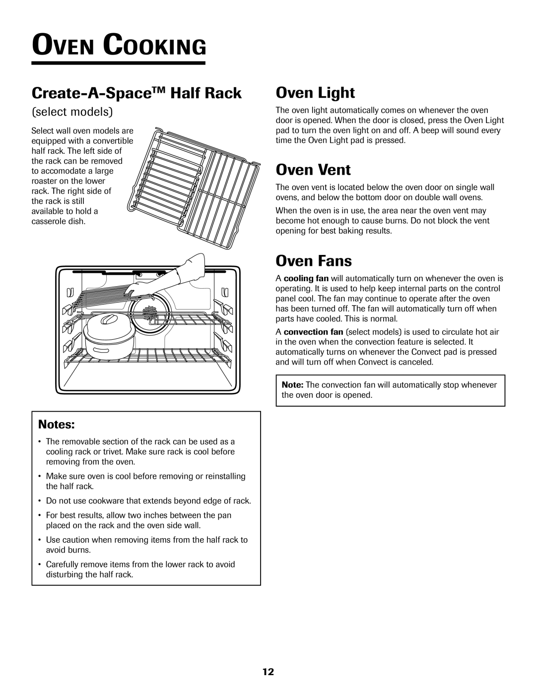 Jenn-Air 8112P212-60 warranty Create-A-SpaceTMHalf Rack, Oven Light, Oven Vent, Oven Fans, Select models 