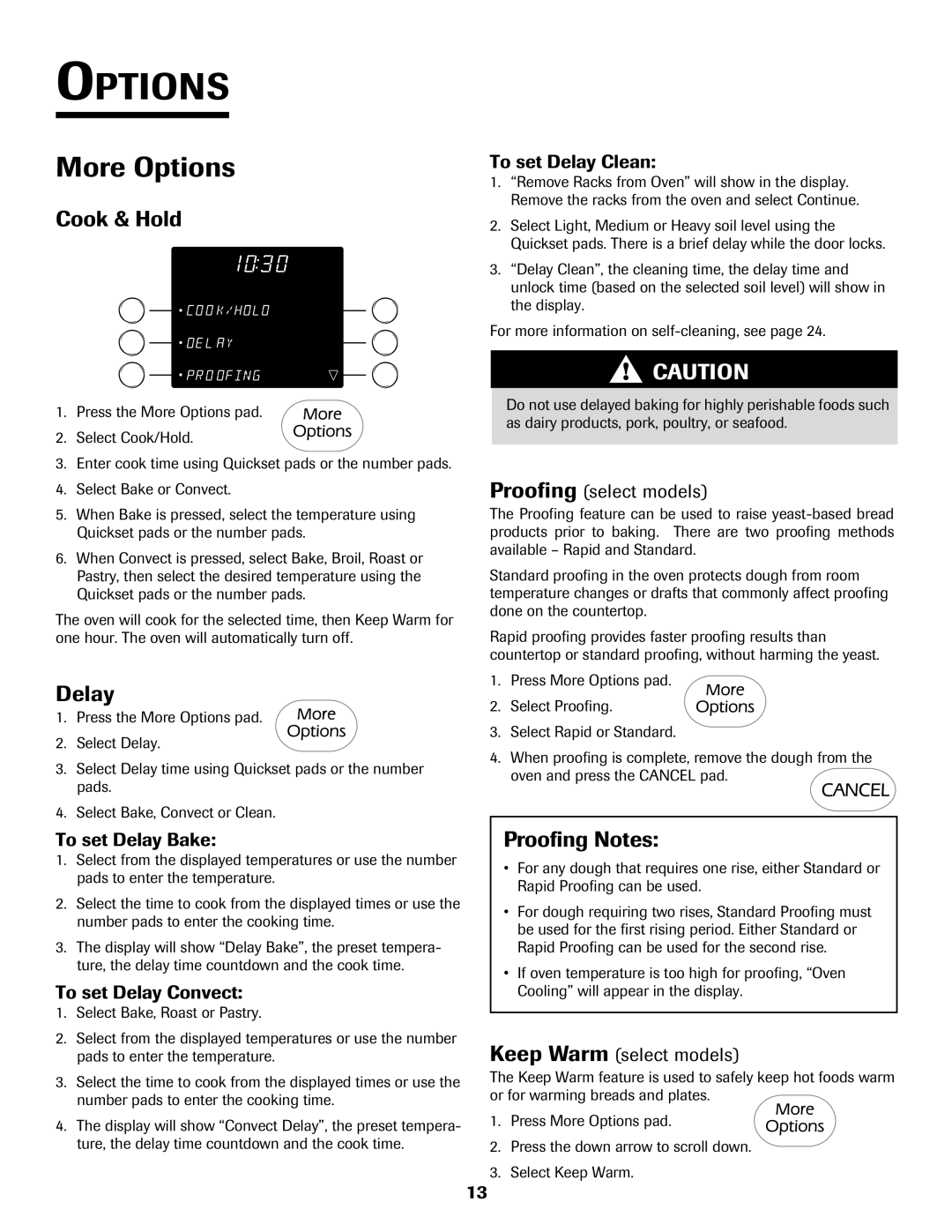 Jenn-Air 8112P212-60 warranty More Options, Cook & Hold, Delay, Proofing Notes 