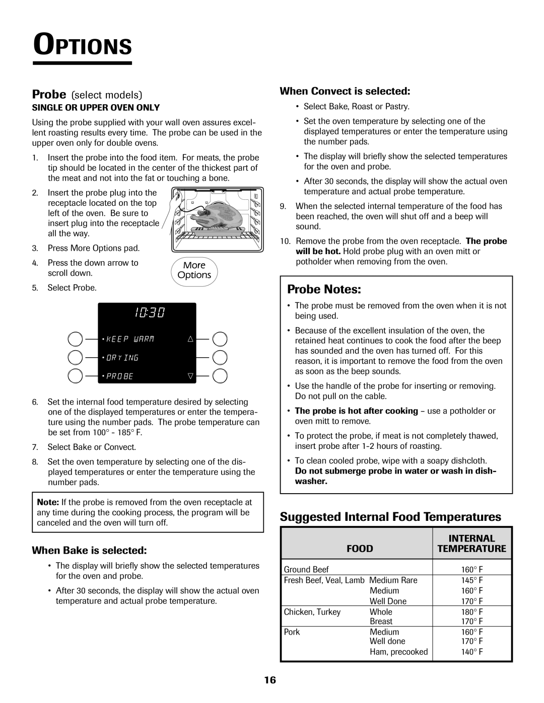 Jenn-Air 8112P212-60 warranty Probe Notes, Suggested Internal Food Temperatures, Probe select models, When Bake is selected 