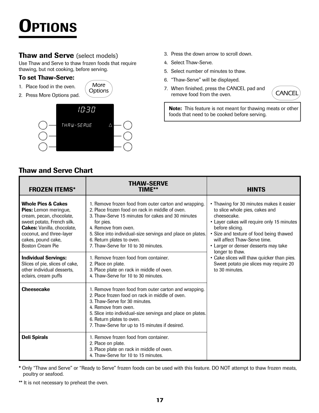 Jenn-Air 8112P212-60 warranty Thaw and Serve select models, Thaw and Serve Chart, To set Thaw-Serve 