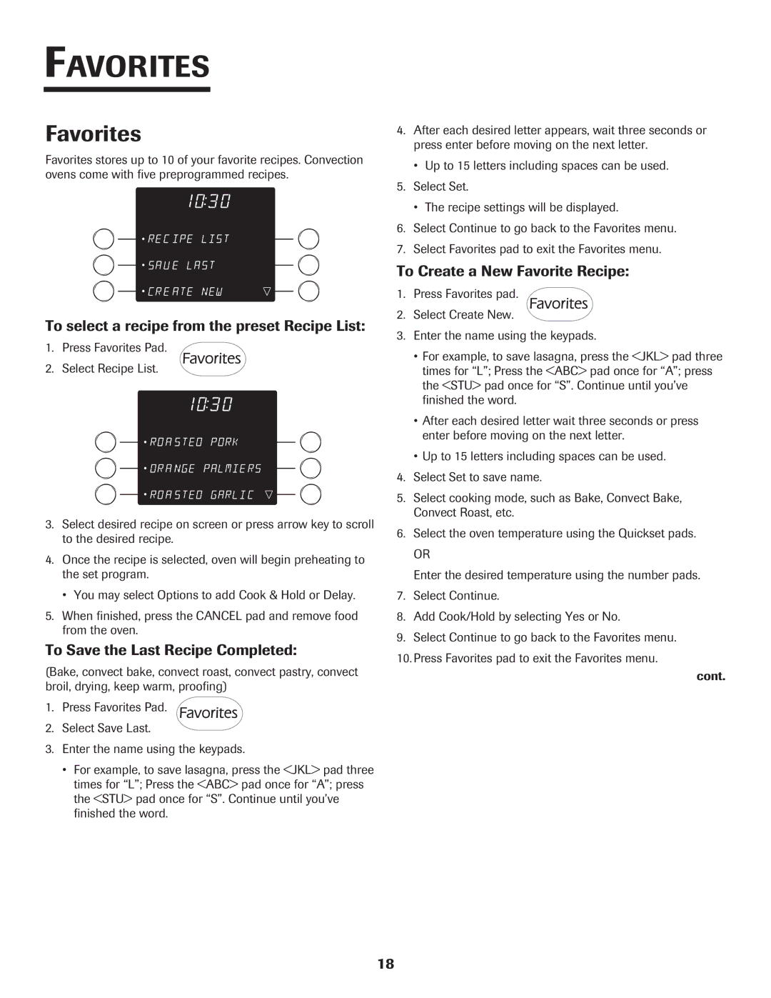 Jenn-Air 8112P212-60 warranty Favorites, To select a recipe from the preset Recipe List, To Save the Last Recipe Completed 