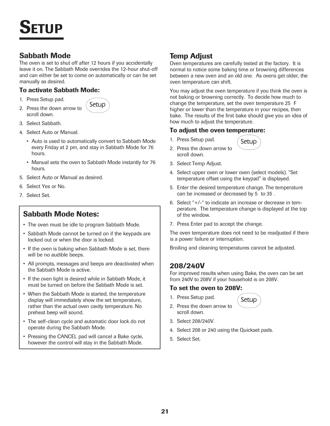 Jenn-Air 8112P212-60 warranty Sabbath Mode Notes, Temp Adjust, 208/240V 