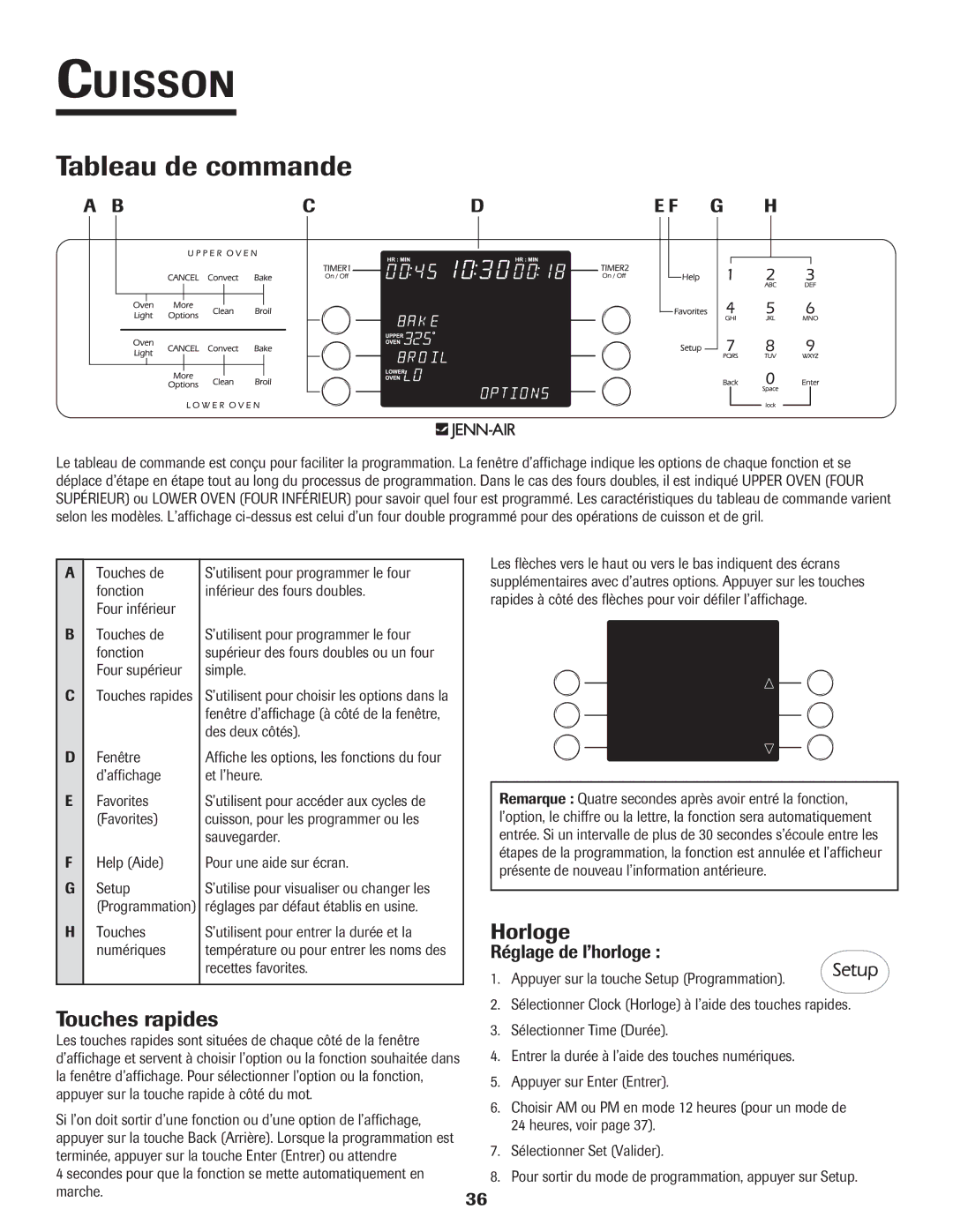 Jenn-Air 8112P212-60 warranty Cuisson, Tableau de commande, Touches rapides, Horloge, Réglage de l’horloge 