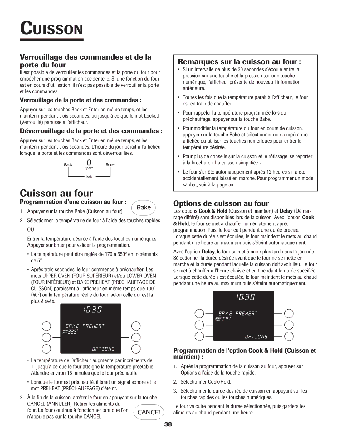 Jenn-Air 8112P212-60 Cuisson au four, Verrouillage des commandes et de la porte du four, Remarques sur la cuisson au four 