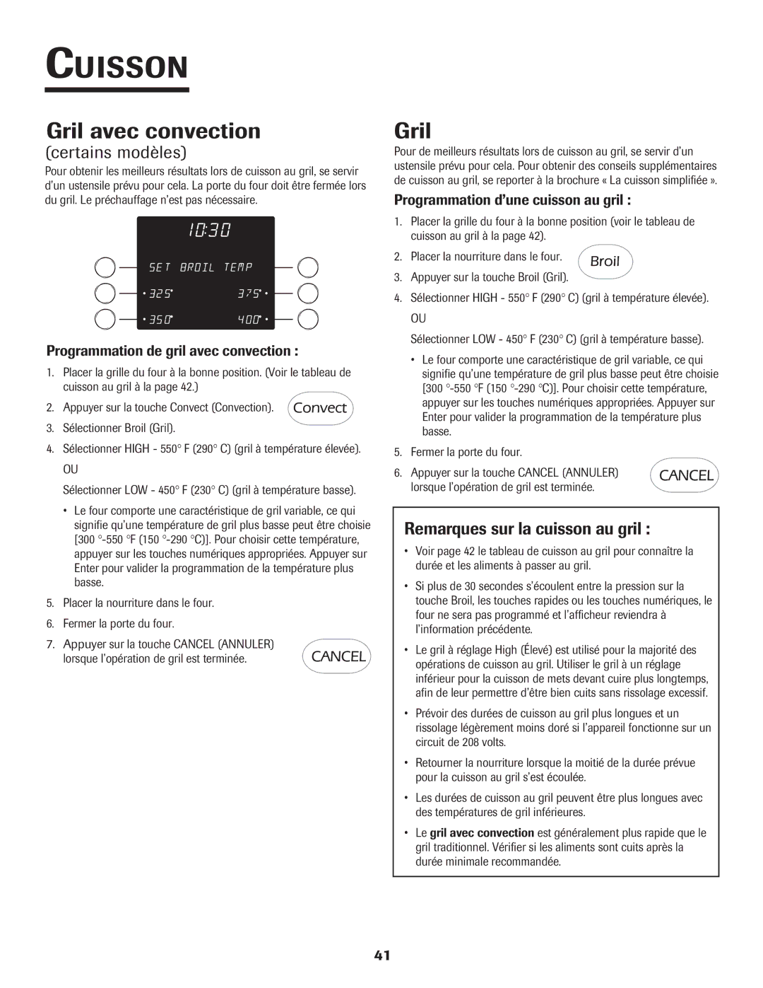 Jenn-Air 8112P212-60 warranty Gril avec convection, Remarques sur la cuisson au gril, Programmation de gril avec convection 