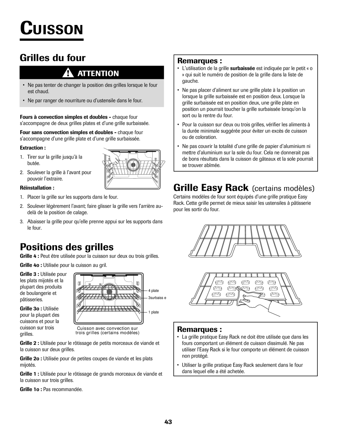 Jenn-Air 8112P212-60 warranty Grilles du four, Positions des grilles, Remarques, Grille Easy Rack certains modles 