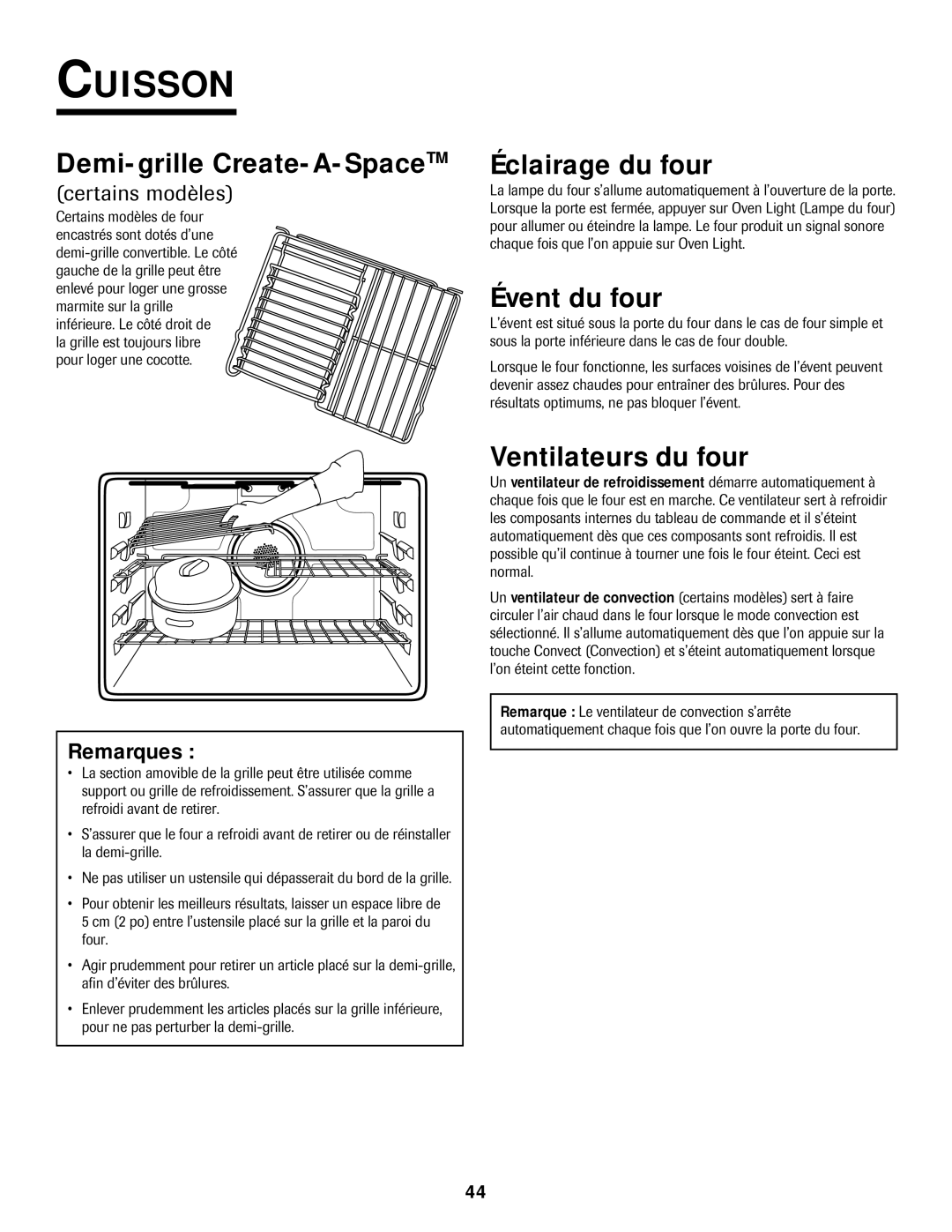 Jenn-Air 8112P212-60 warranty Demi-grille Create-A-SpaceTM, Éclairage du four, Évent du four, Ventilateurs du four 