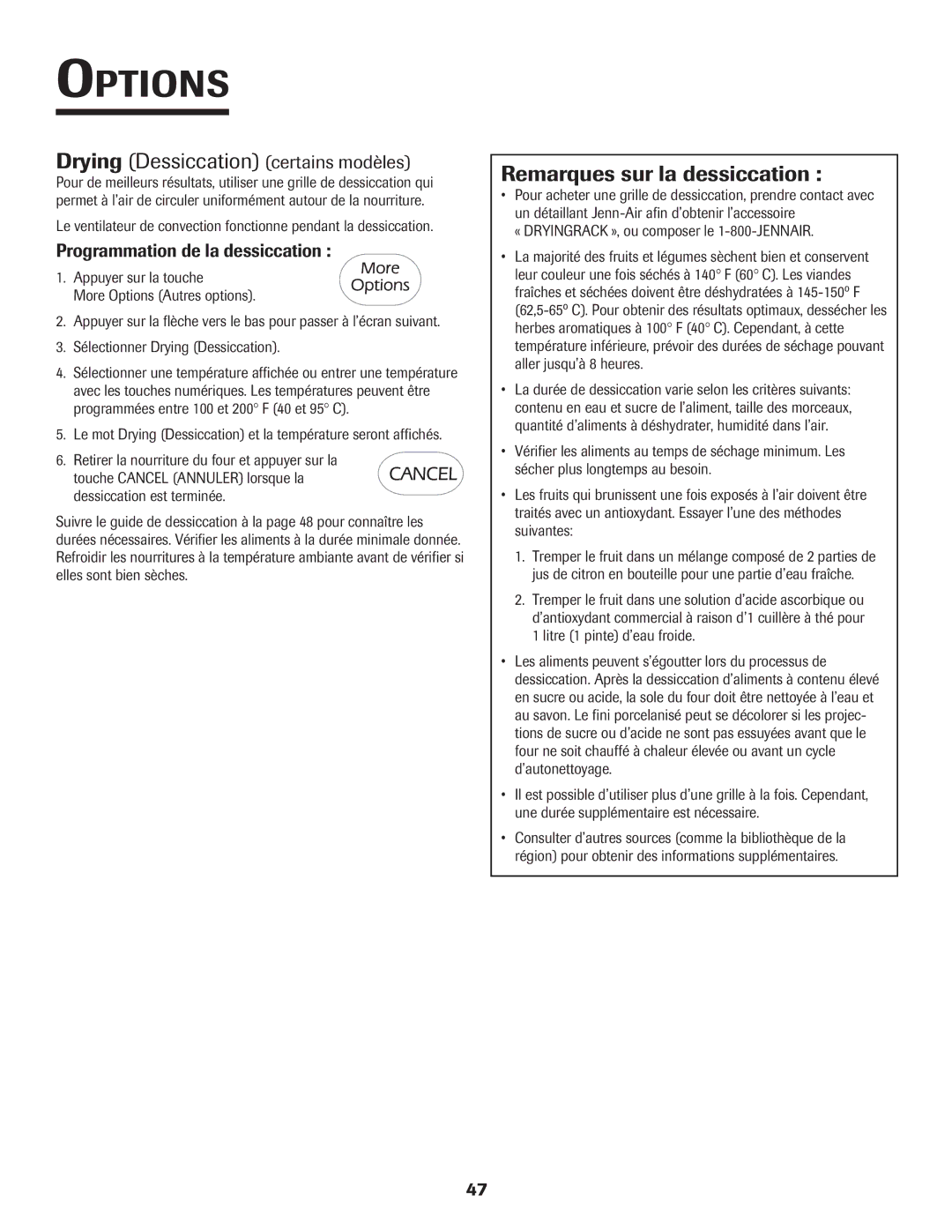 Jenn-Air 8112P212-60 Drying Dessiccation certains modles, Remarques sur la dessiccation, Programmation de la dessiccation 