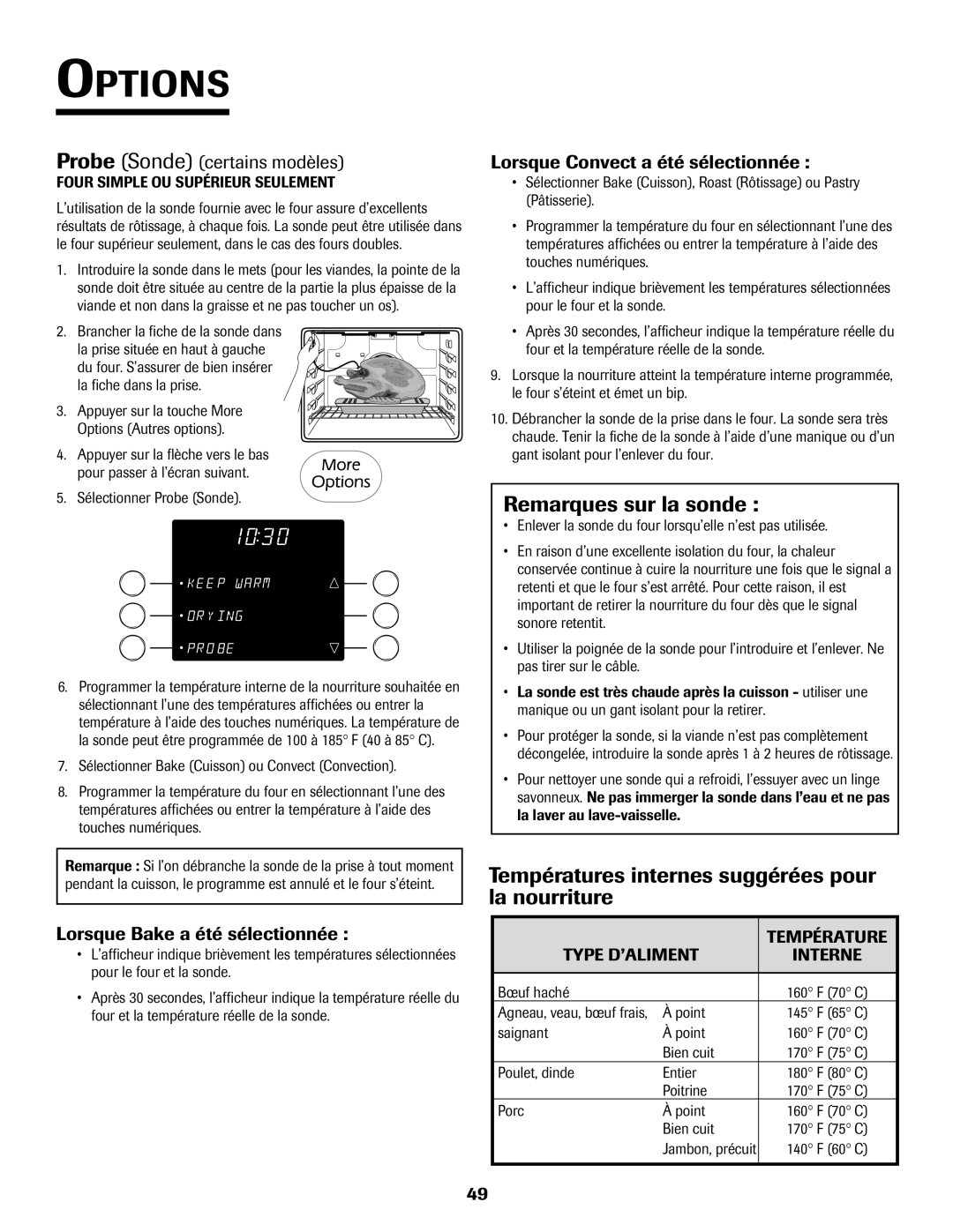 Jenn-Air 8112P212-60 warranty Remarques sur la sonde, Températures internes suggérées pour la nourriture 