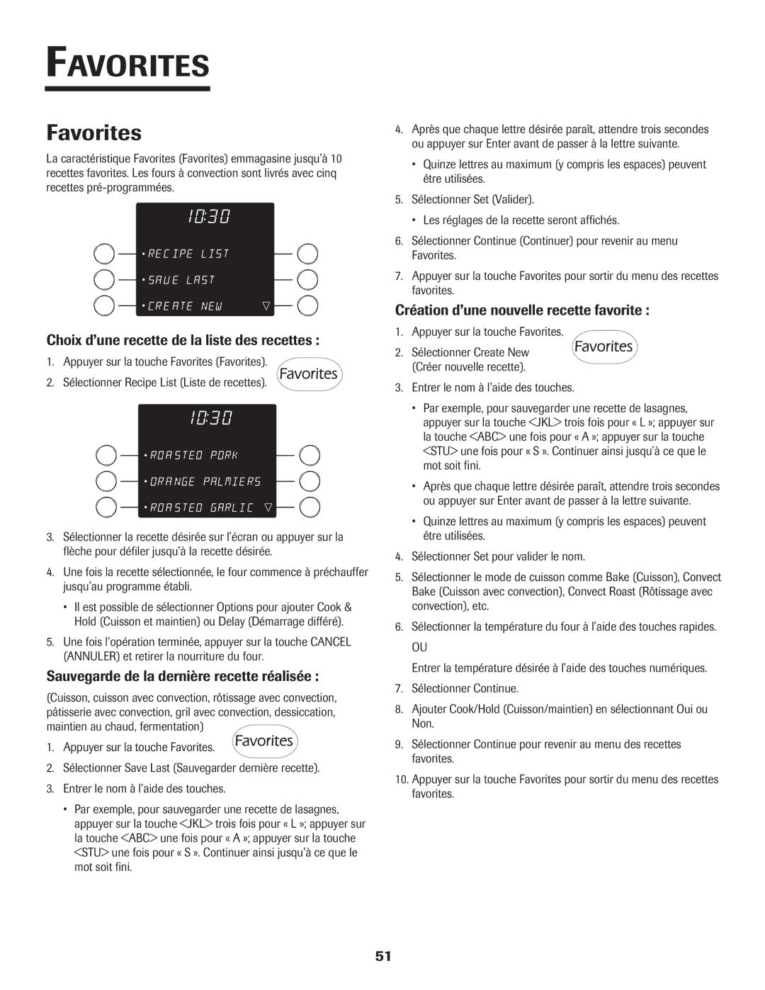 Jenn-Air 8112P212-60 warranty Choix d’une recette de la liste des recettes, Sauvegarde de la dernière recette réalisée 