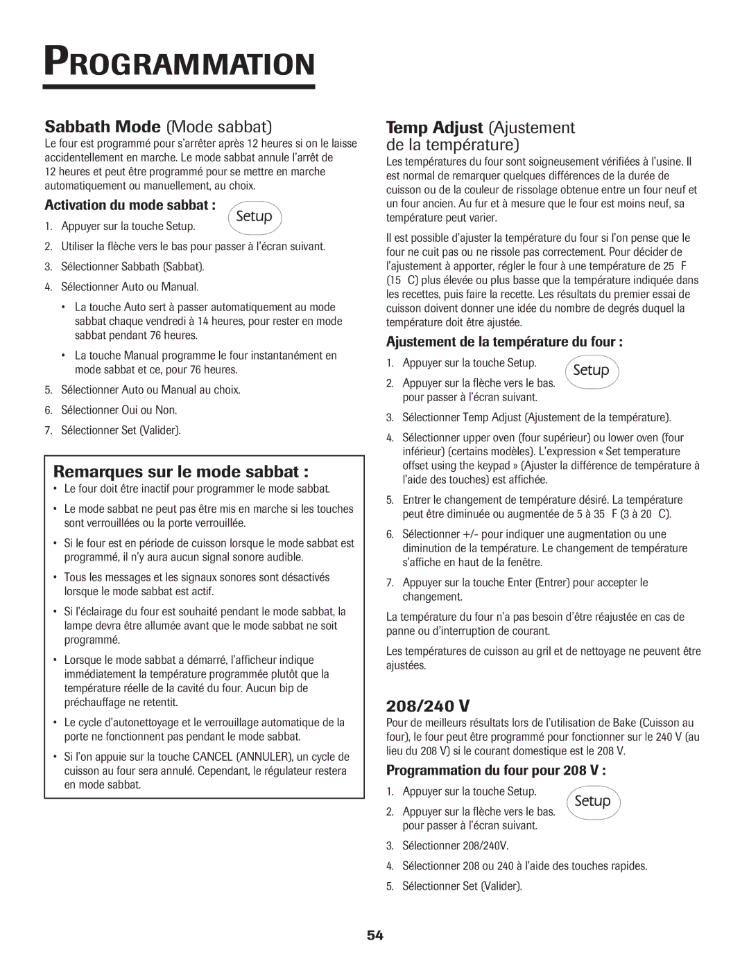 Jenn-Air 8112P212-60 warranty Sabbath Mode Mode sabbat, Remarques sur le mode sabbat, 208/240 