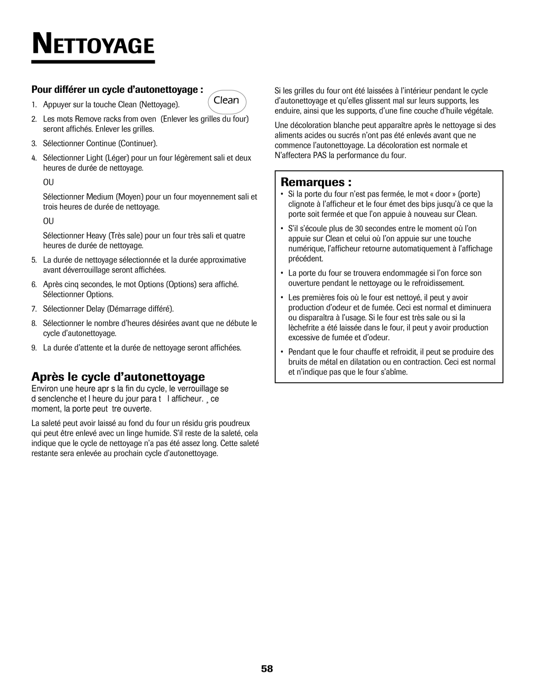 Jenn-Air 8112P212-60 warranty Après le cycle d’autonettoyage, Pour différer un cycle d’autonettoyage 